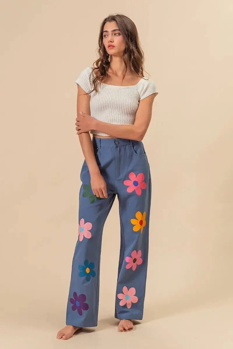 BiBi Flower Print Straight Legs Pants for Chic Style - Love Salve